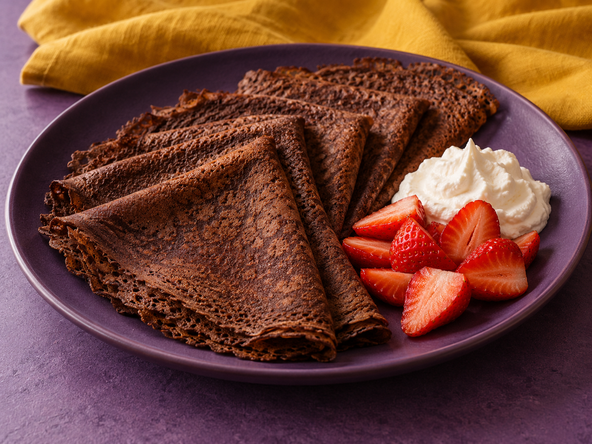 Thin chocolate crêpes folded on a purple platter with cream and strawberries