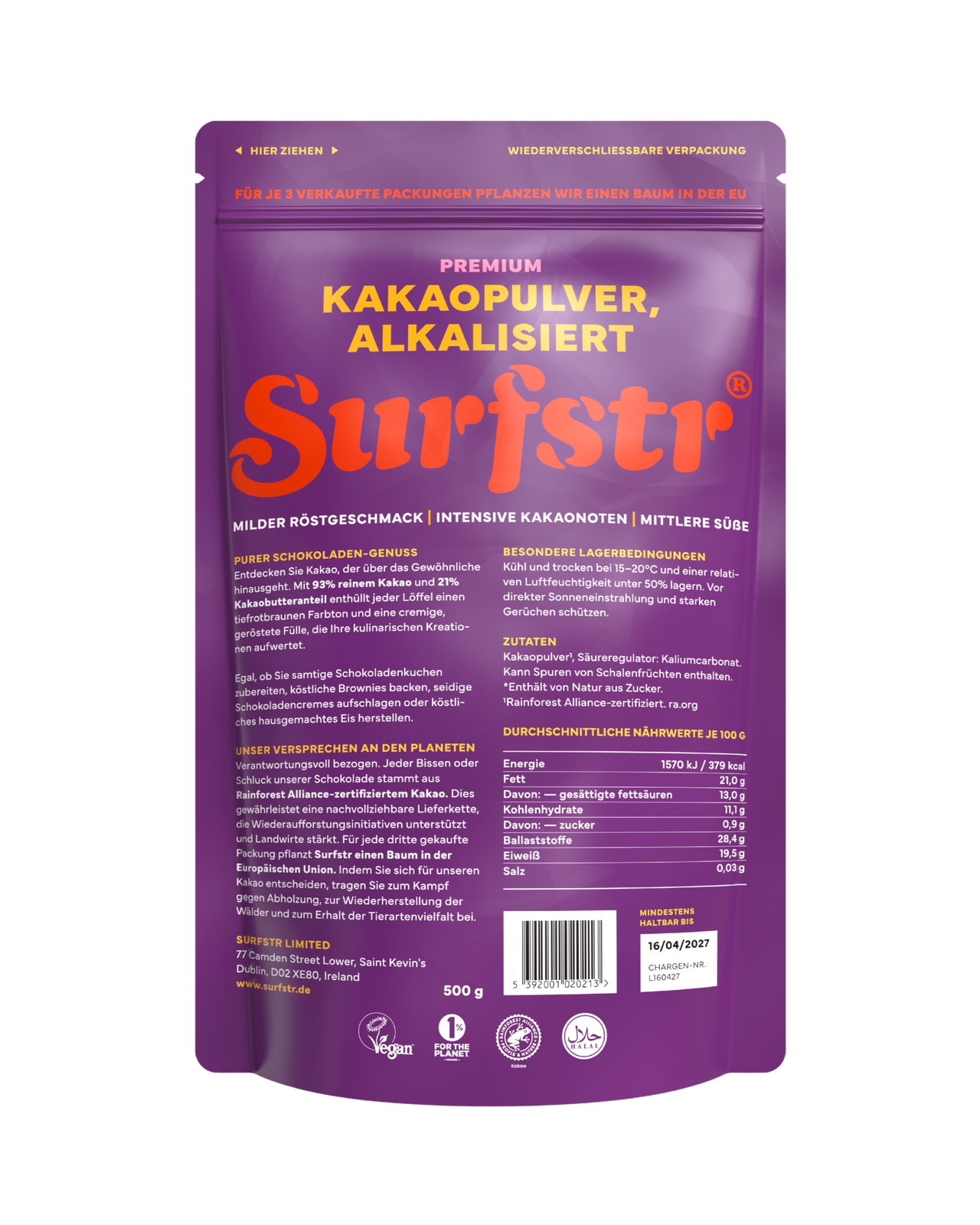 Purple package of Surfstr premium cocoa powder on a white background