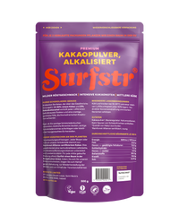 Purple package of Surfstr premium cocoa powder on a white background
