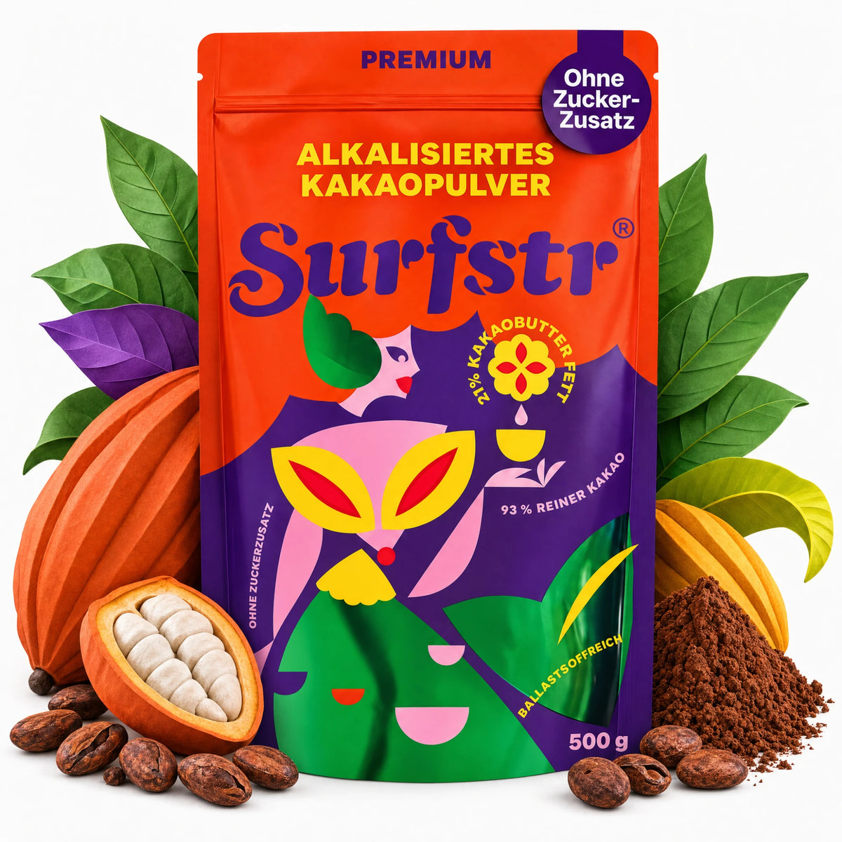 Surfstr alkalisiertes Kakaopulver 500 g Beutel mit Kakaofrucht, Kakaobohnen und Kakaopulver auf Weiß